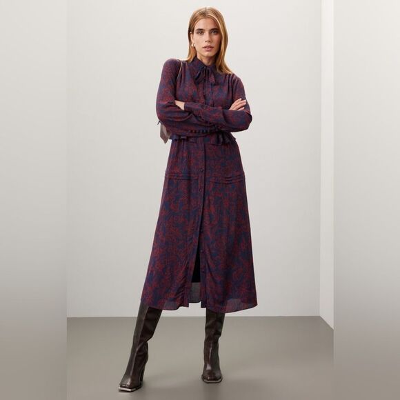 Jason Wu Navy Red Floral Printed Long Sleeve Shirt Dress Size 10 - Picture 1 of 9